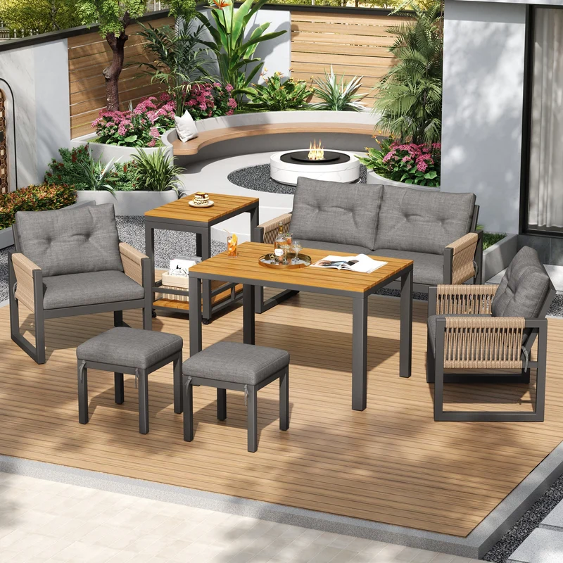 Salon de jardin moderne 6 pièces gris et table basse effet bois moudulable NEXUSNEX