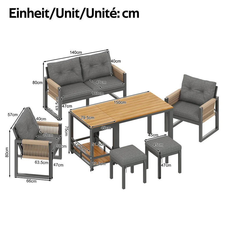 Salon de jardin moderne 6 pièces gris et table basse effet bois moudulable NEXUSNEX
