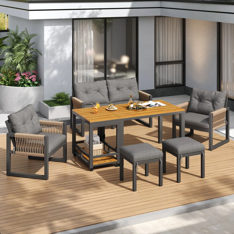 Salon de jardin moderne 6 pièces gris et table basse effet bois moudulable NEXUSNEX
