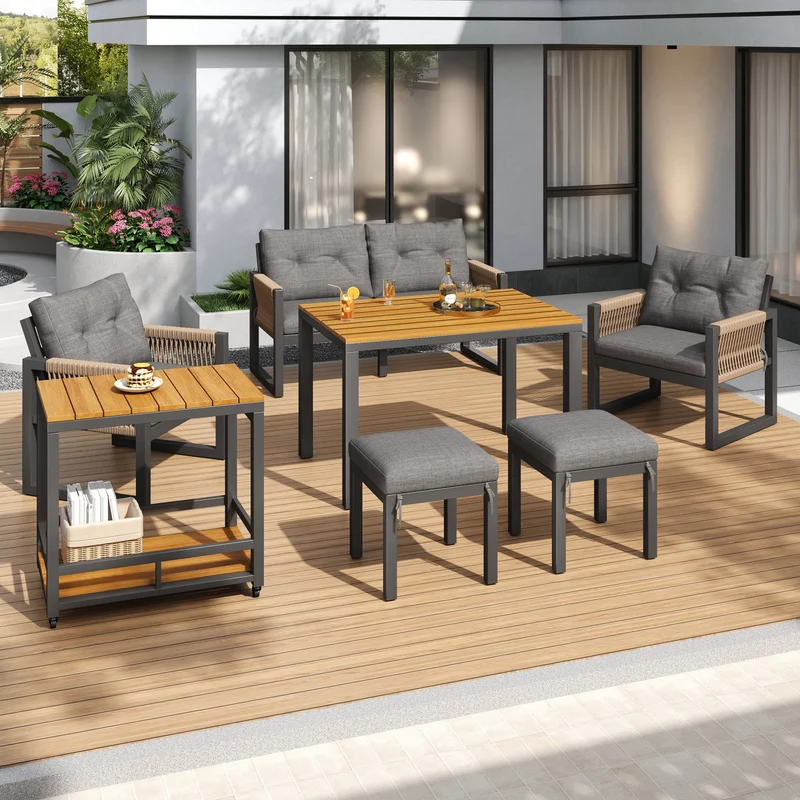 Salon de jardin moderne 6 pièces gris et table basse effet bois moudulable NEXUSNEX