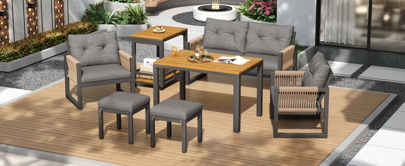 Salon de jardin moderne 6 pièces gris et table basse effet bois moudulable NEXUSNEX