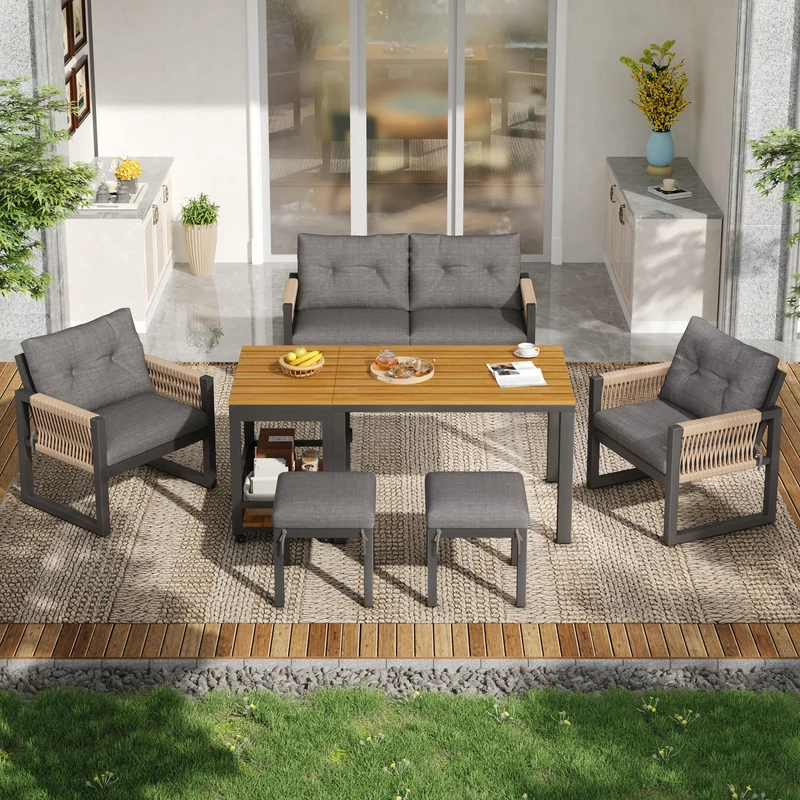 Salon de jardin moderne 6 pièces gris et table basse effet bois moudulable NEXUSNEX