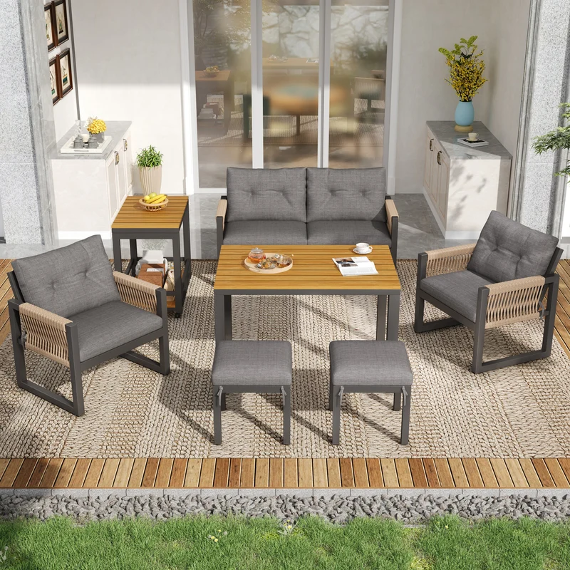 Salon de jardin moderne 6 pièces gris et table basse effet bois moudulable NEXUSNEX