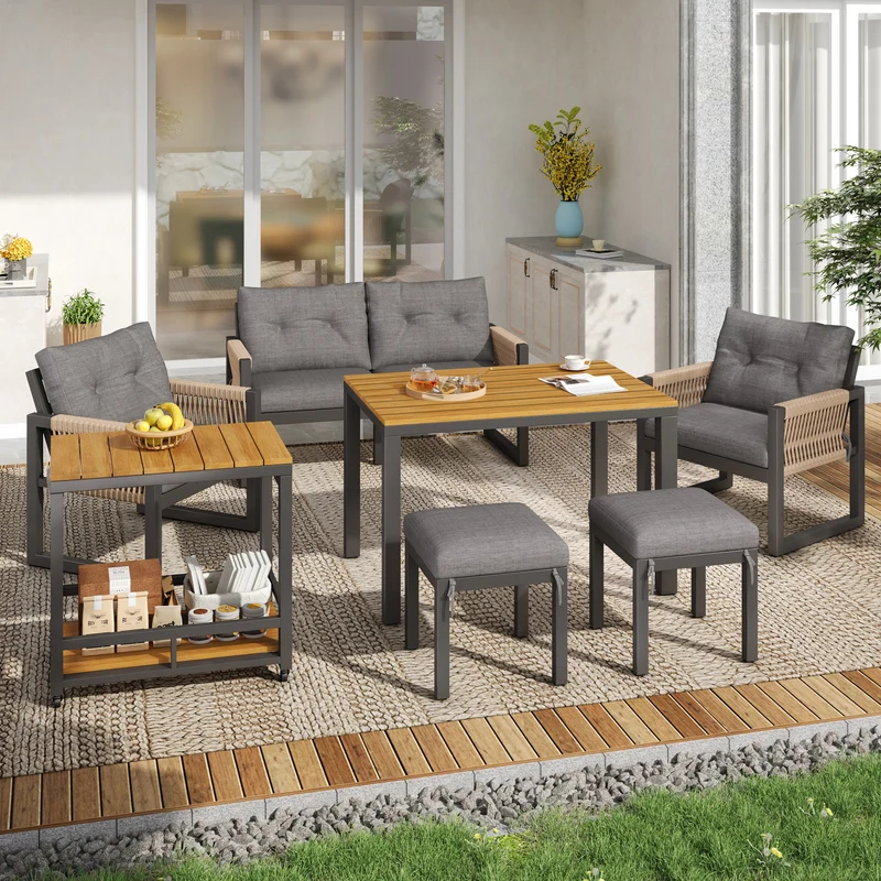 Salon de jardin moderne 6 pièces gris et table basse effet bois moudulable NEXUSNEX