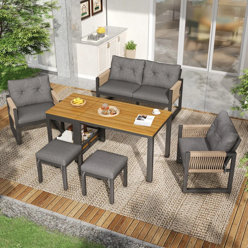 Salon de jardin moderne 6 pièces gris et table basse effet bois moudulable NEXUSNEX
