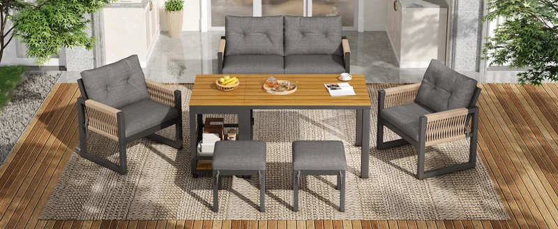 Salon de jardin moderne 6 pièces gris et table basse effet bois moudulable NEXUSNEX