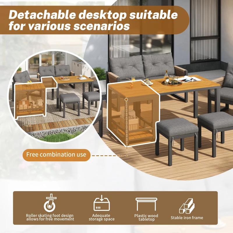 Salon de jardin moderne 6 pièces gris et table basse effet bois moudulable NEXUSNEX