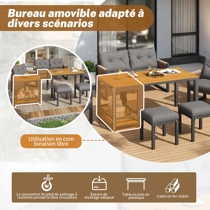 Salon de jardin moderne 6 pièces gris et table basse effet bois moudulable NEXUSNEX