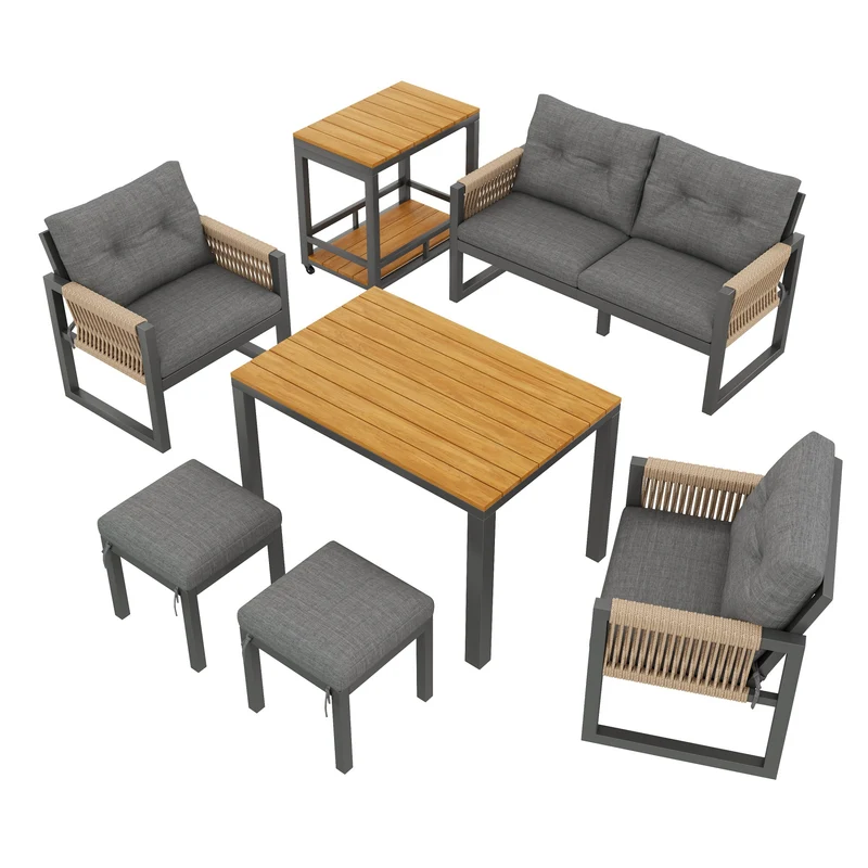 Salon de jardin moderne 6 pièces gris et table basse effet bois moudulable NEXUSNEX