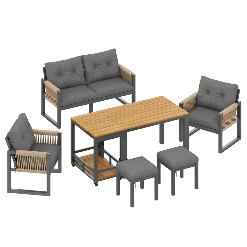 Salon de jardin moderne 6 pièces gris et table basse effet bois moudulable NEXUSNEX