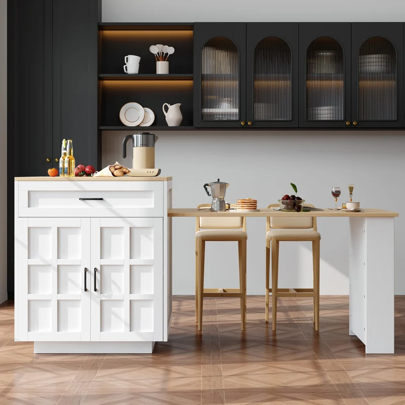 Gangliac Table de bar extensible 133-202cm MDF blanc avec rangements – Îlot de cuisine multifonction