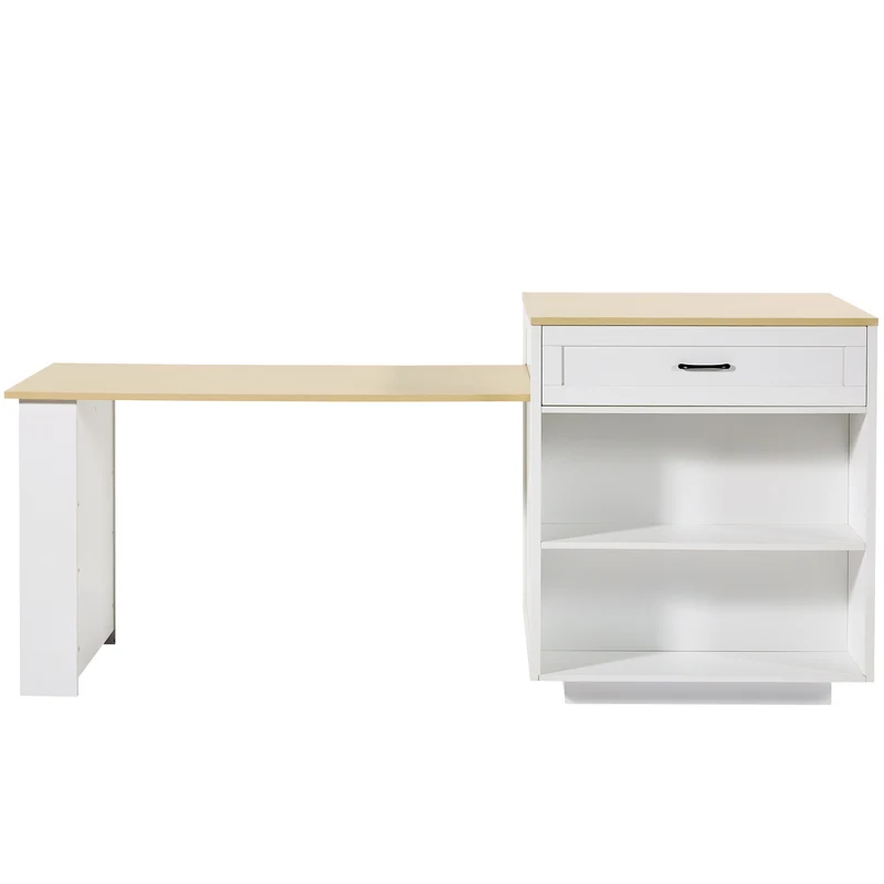 Gangliac Table de bar extensible 133-202cm MDF blanc avec rangements – Îlot de cuisine multifonction