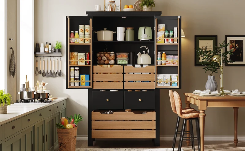 Tomomania Buffet de cuisine haut 80x40x140cm noir/blanc – Armoire de rangement multifonction en MDF, 5 tiroirs, 2 portes, style rétro moderne