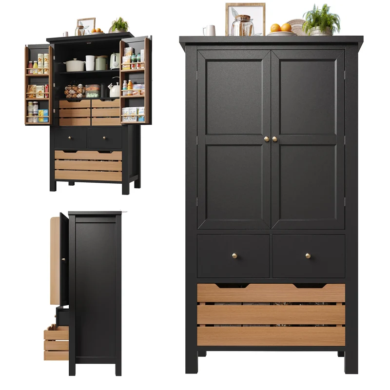 Tomomania Buffet de cuisine haut 80x40x140cm noir/blanc – Armoire de rangement multifonction en MDF, 5 tiroirs, 2 portes, style rétro moderne