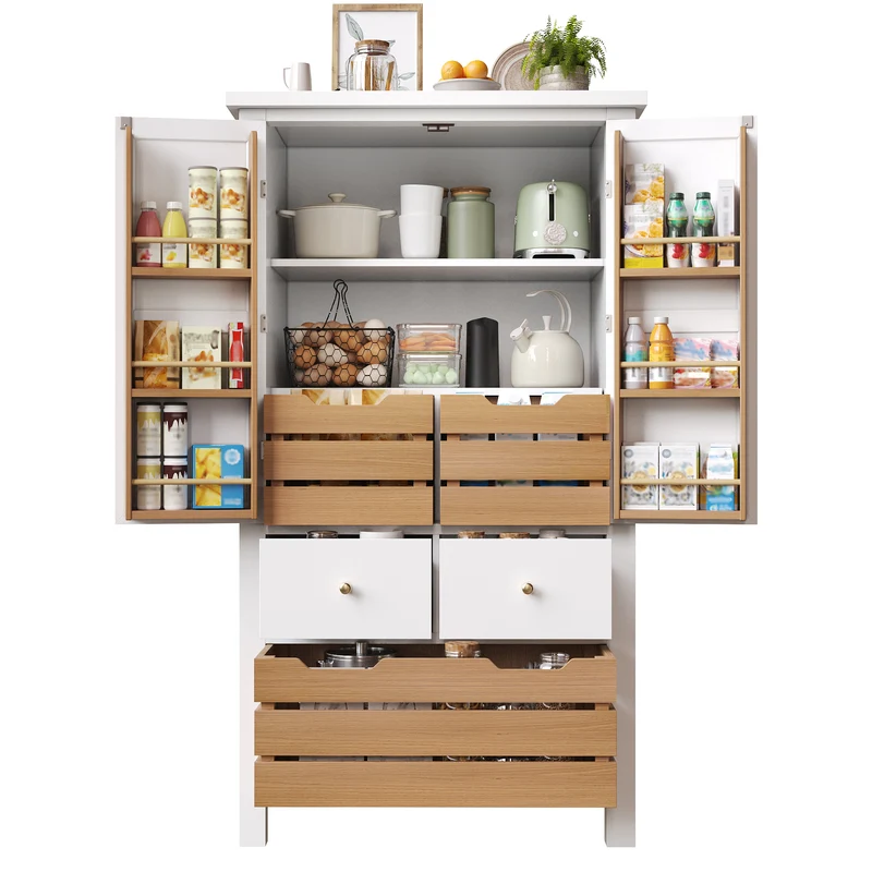 Embroidering Buffet haut de cuisine 80x40x140cm, armoire de rangement noire/blanche, 5 tiroirs, style rétro moderne, MDF robuste