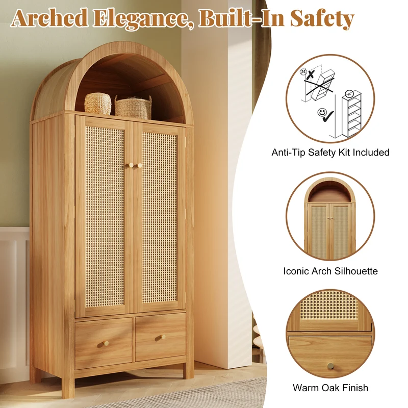 Uneccentrically Armoire 181x78x45 cm en bois chêne avec portes en rotin, style campagne, 2 tiroirs et penderie