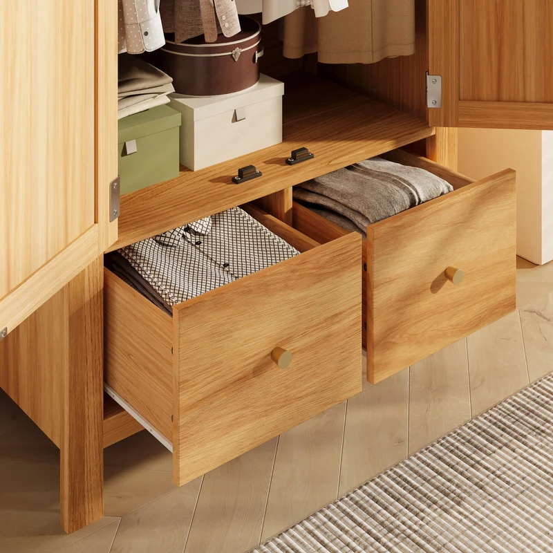 Uneccentrically Armoire 181x78x45 cm en bois chêne avec portes en rotin, style campagne, 2 tiroirs et penderie