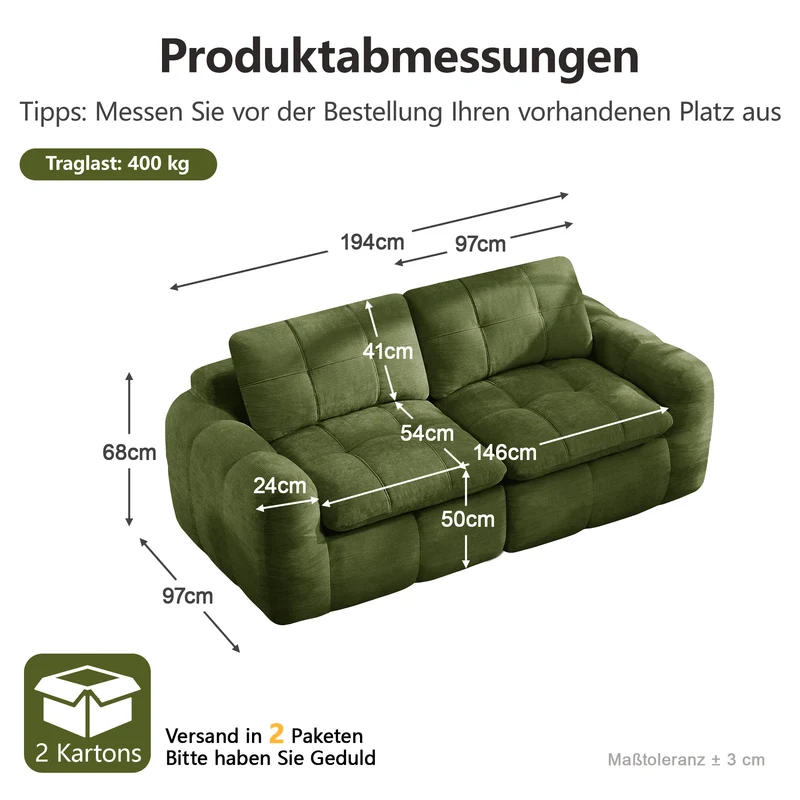 Canapé modulable 2 places vert en chenille profond et moelleux 194cm RUSTICCURTAINSET