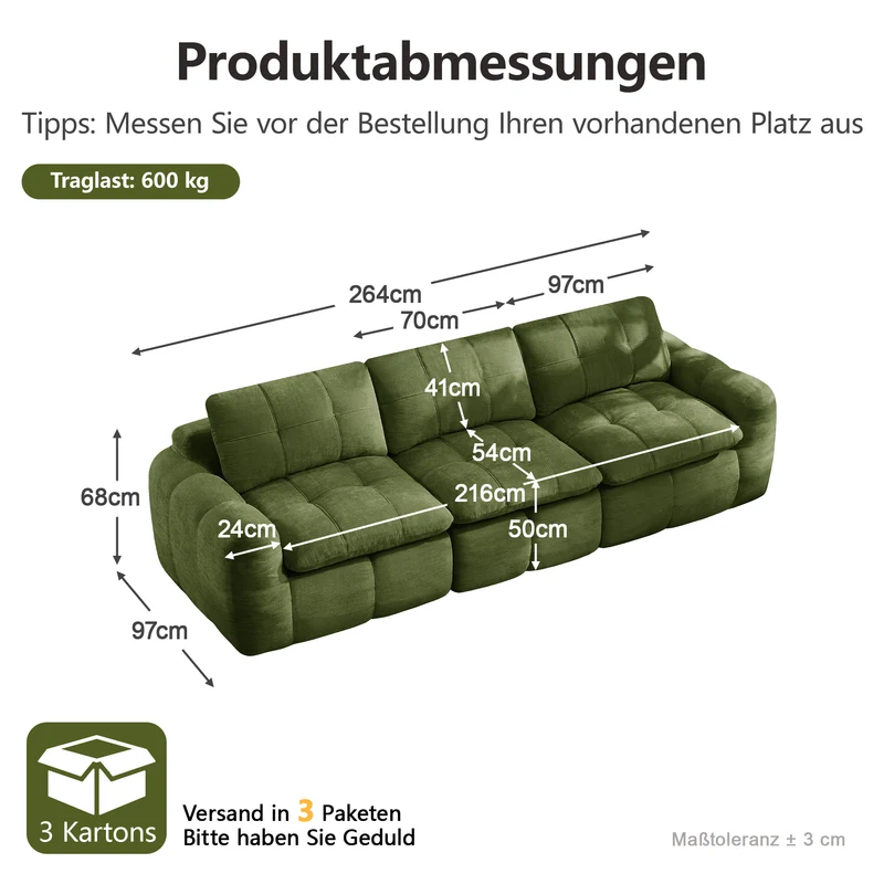 Canapé modulable 3 places matelassé en chenille verte 264 cmRUSTICCURTAINHOME