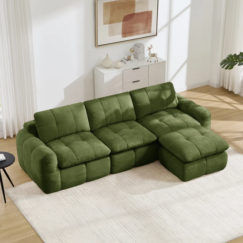 Canapé 3 places modulable matelassé en chenille verte 264cm RUSTICCUSHIONSET