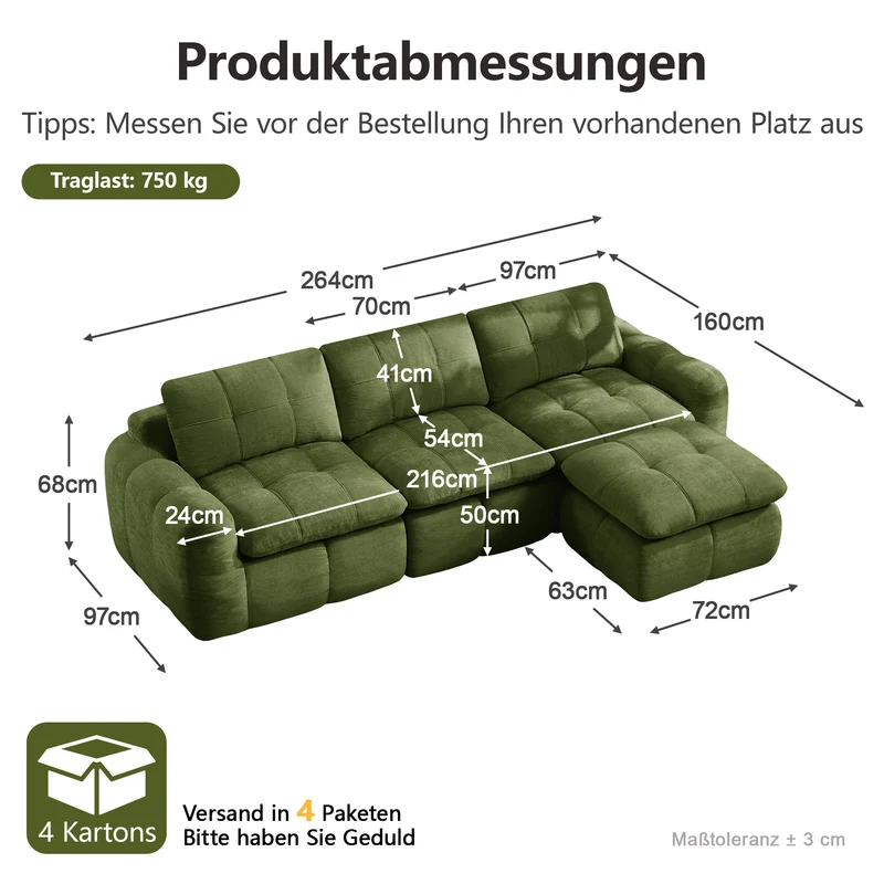 Canapé 3 places modulable matelassé en chenille verte 264cm RUSTICCUSHIONSET