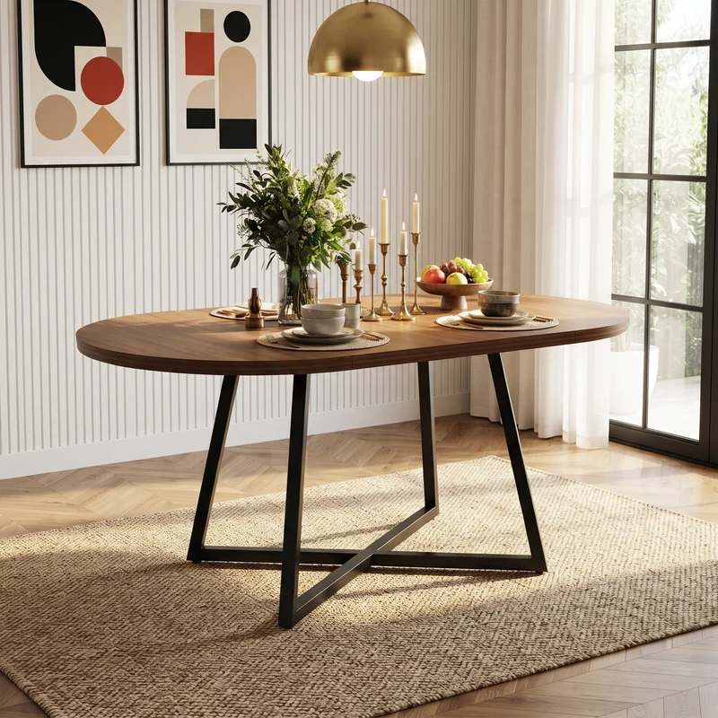 Table de la salle à manger extensible ronde effet noyer, 4 à 6 personnes 100/140x100cm RUSTICROOMHOME