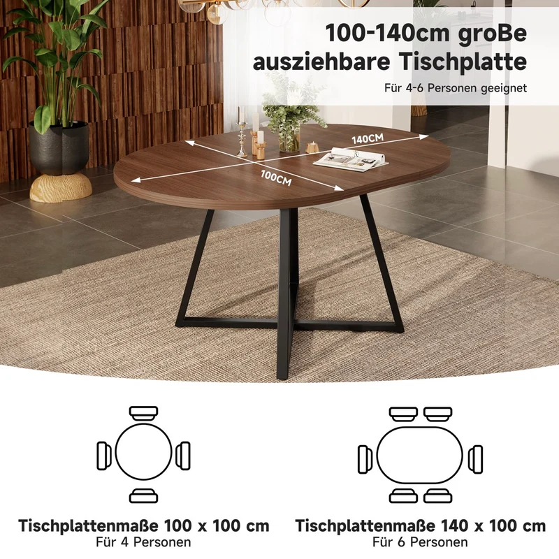 Table de la salle à manger extensible ronde effet noyer, 4 à 6 personnes 100/140x100cm RUSTICROOMHOME