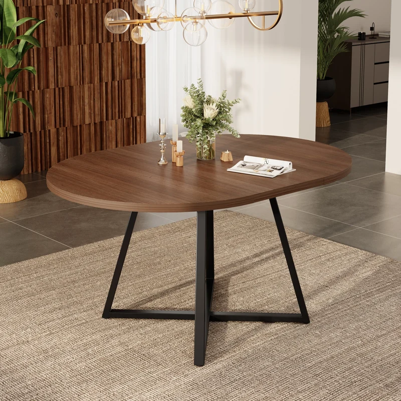 Table de la salle à manger extensible ronde effet noyer, 4 à 6 personnes 100/140x100cm RUSTICROOMHOME