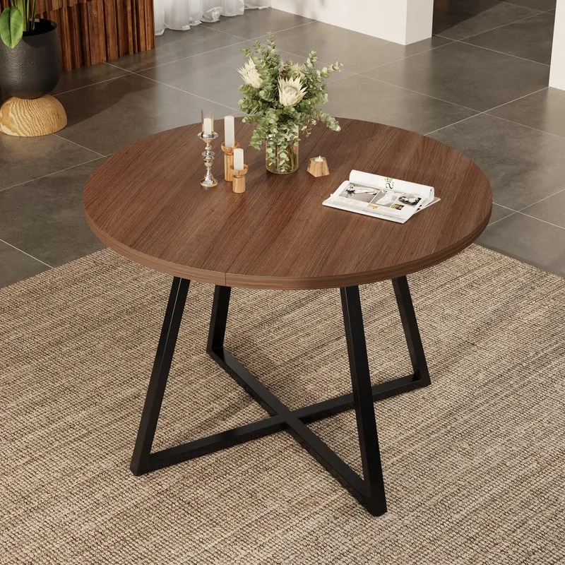 Table de la salle à manger extensible ronde effet noyer, 4 à 6 personnes 100/140x100cm RUSTICROOMHOME