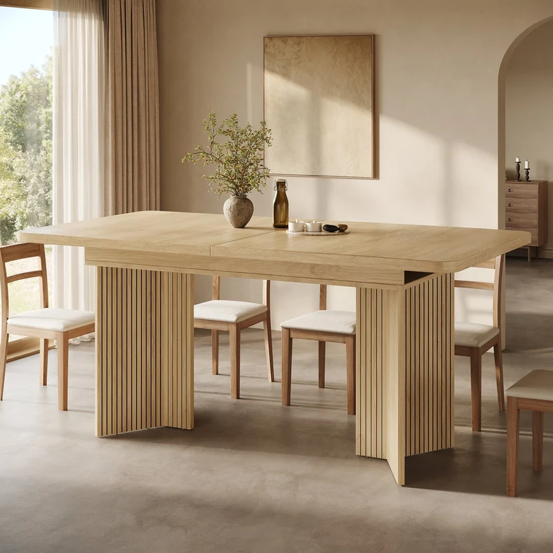 Table de salle à manger extensible effet bois pieds V rainurés 120–160cm RUSTICSOFAART