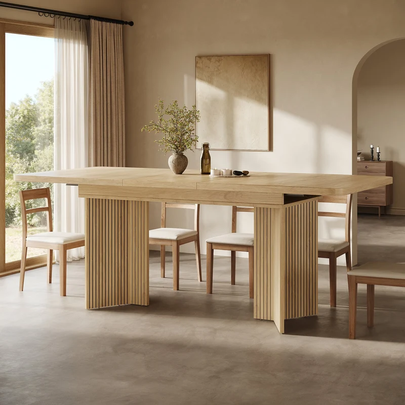 Table de salle à manger extensible effet bois pieds V rainurés 120–160cm RUSTICSOFAART