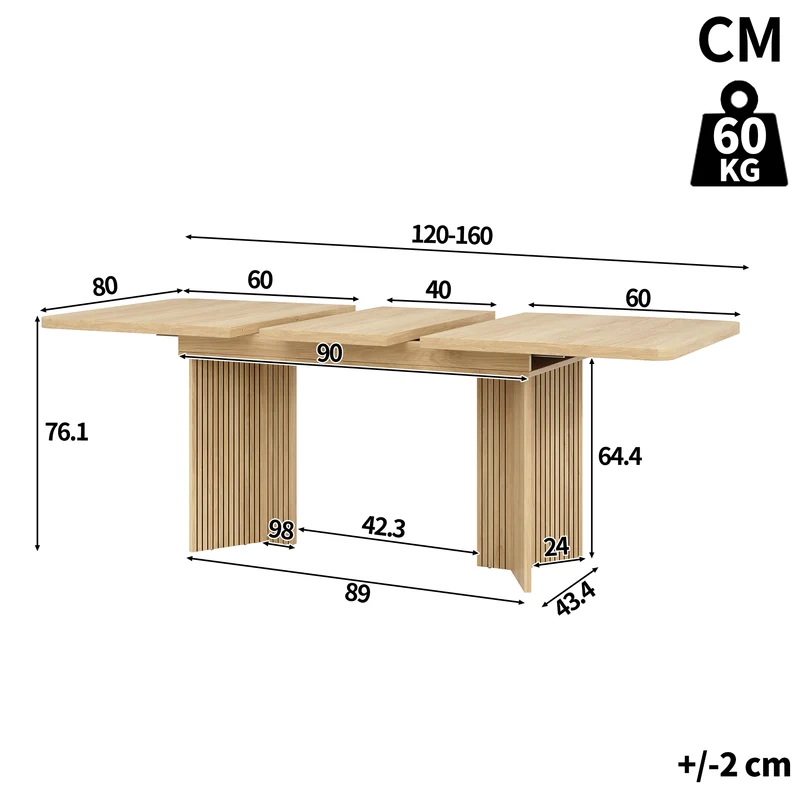 Table de salle à manger extensible effet bois pieds V rainurés 120–160cm RUSTICSOFAART
