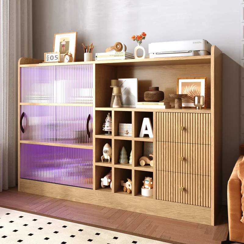 Buffet effet bois avec LED, portes vitrées et range-bouteilles 120×85×30cm RUSTICSCREENART