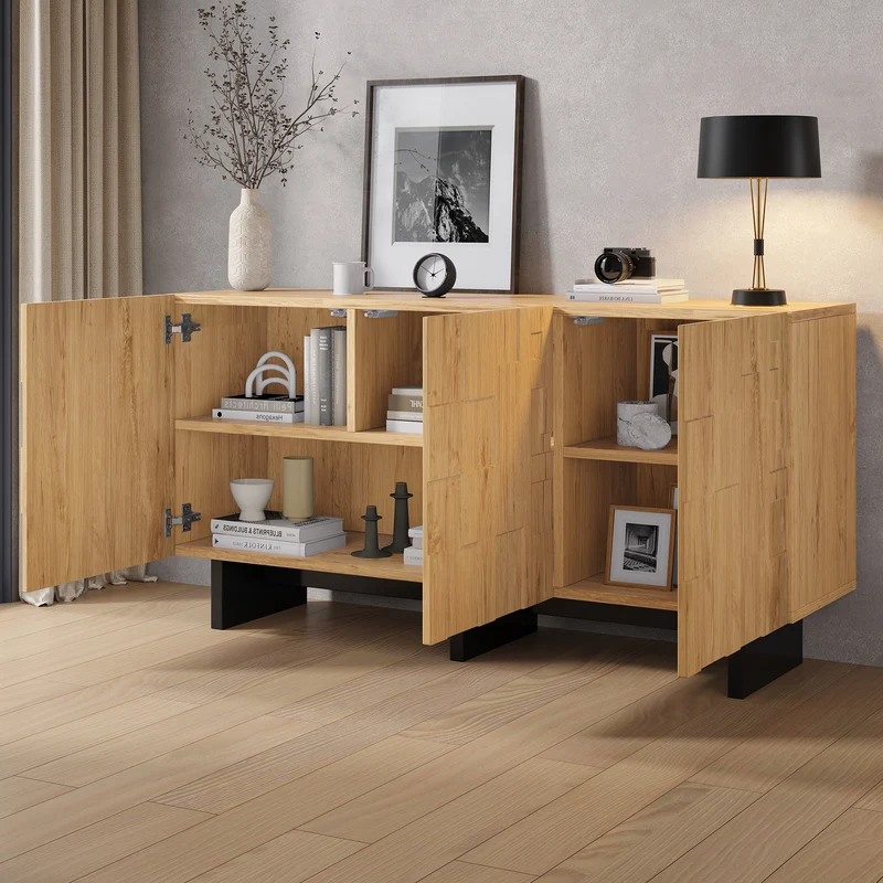 Buffet effet bois naturel motif 3D texturé 3 portes 140×40×70cm RUSTICNIGHTSTANDART