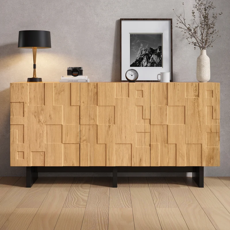 Buffet effet bois naturel motif 3D texturé 3 portes 140×40×70cm RUSTICNIGHTSTANDART