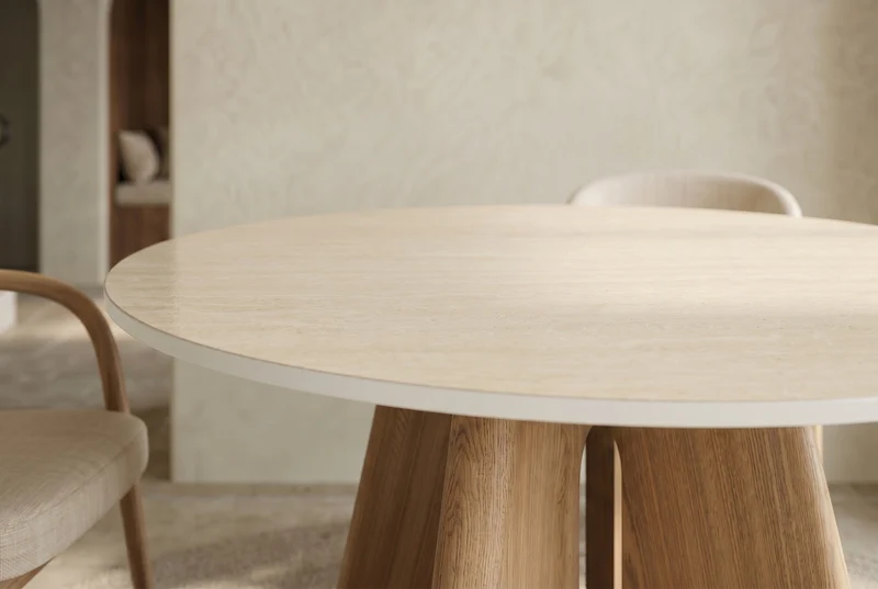 Table à manger ronde ORGANIKO 120cm bois de chêne naturel céramique travertin