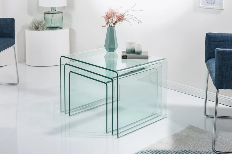 Lot de 3 tables basses design en verre FANTOME 60cm tables d’appoint transparentes