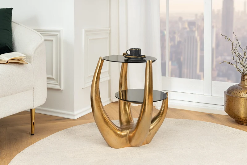 Table d'appoint LEVELS 50 cm en métal noir, verre noir antique, fait main