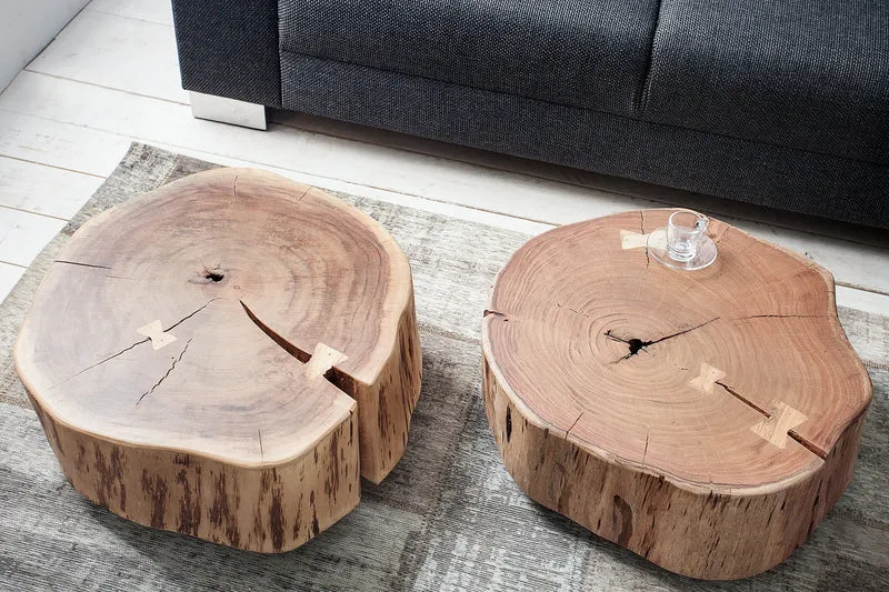 Table basse tronc d'arbre GOA 60cm bois massif d'acacia naturel ronde avec roulettes unique