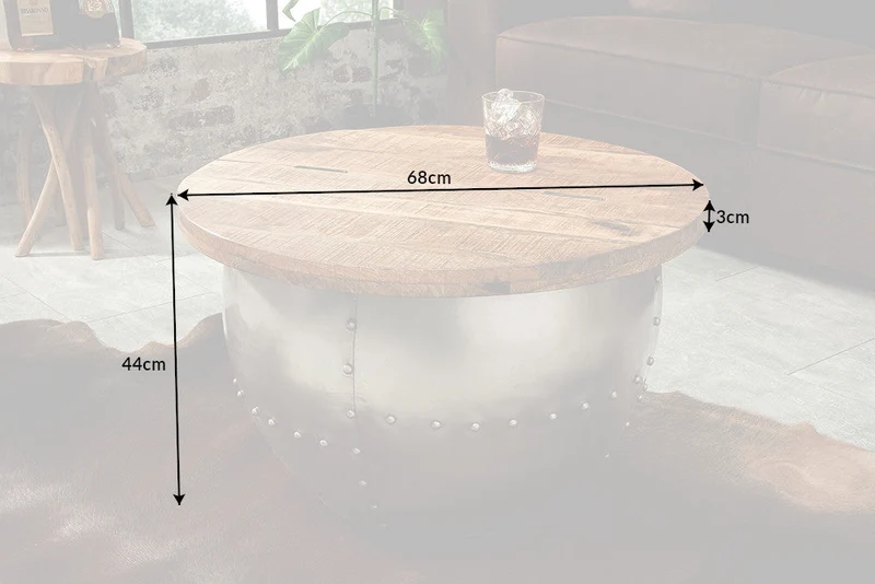 Table basse ronde DRUMP STORAGE 70cm en bois de manguier argenté naturel avec espace de rangement fait main industriel