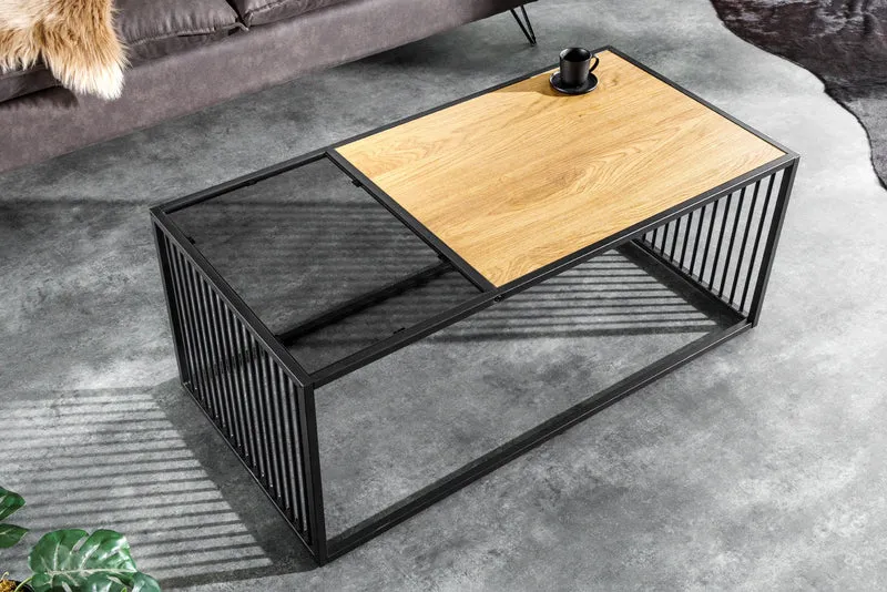 Table basse design ARCHITECTURE 100cm chêne sauvage noir verre fumé métal bois