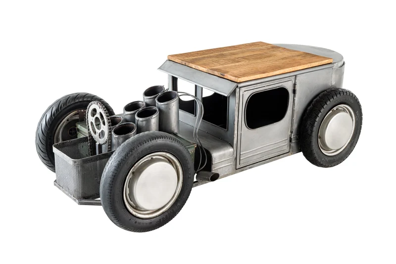 Table basse vintage HOT ROD 160cm acier bois de manguier avec espace de rangement porte bouteille massif