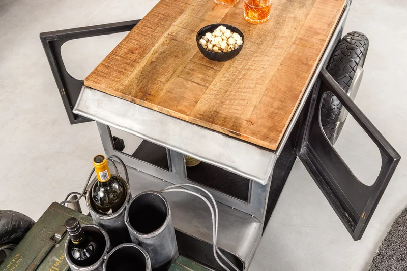 Table basse vintage HOT ROD 160cm acier bois de manguier avec espace de rangement porte bouteille massif
