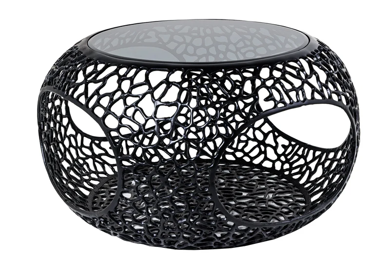 Table basse ronde SPIN 75cm noir verre noir métal avec espace de rangement fait main