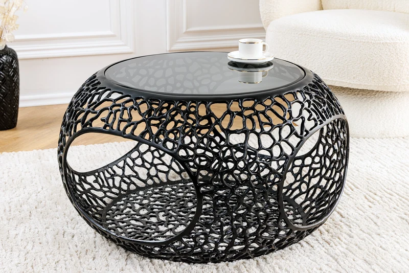 Table basse ronde SPIN 75cm noir verre noir métal avec espace de rangement fait main