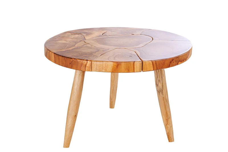 Table basse ronde en bois massif MOSAIC 60cm tronc d'arbre en teck naturel fait main