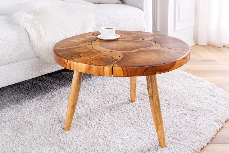 Table basse ronde en bois massif MOSAIC 60cm tronc d'arbre en teck naturel fait main