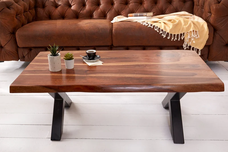 Table basse design AMAZONAS 110 cm marron bois massif de sheesham bordé d'arbre