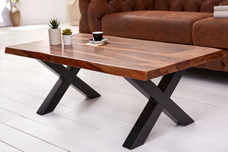 Table basse design AMAZONAS 110 cm marron bois massif de sheesham bordé d'arbre