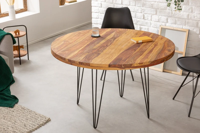 Table à manger ronde MAKASSAR 120cm bois massif de Sheesham marron finition pierre pieds épingles